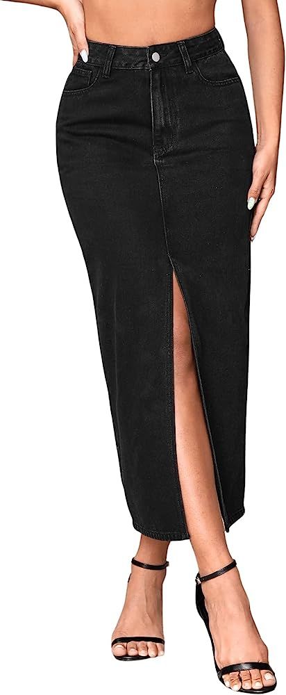 Women's Casual High Waist Denim Skirt Split Hem Raw Trim Midi Jean Skirts | Amazon (US)