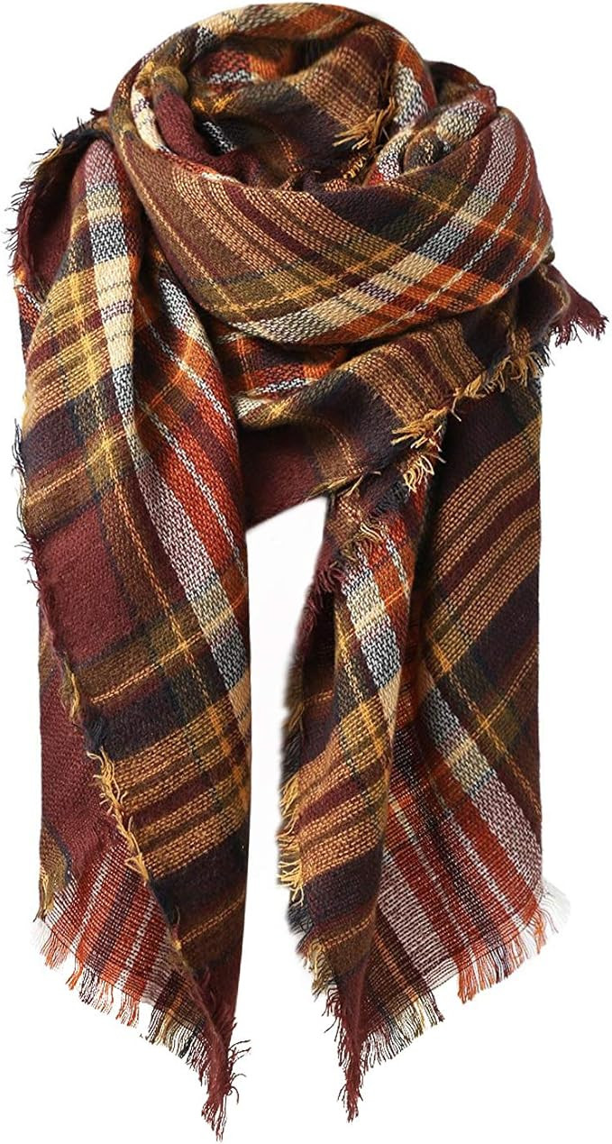 Zando Plaid Blanket Thick Winter Scarf Tartan Chunky Wrap Oversized Shawl Cape Scarves | Amazon (US)
