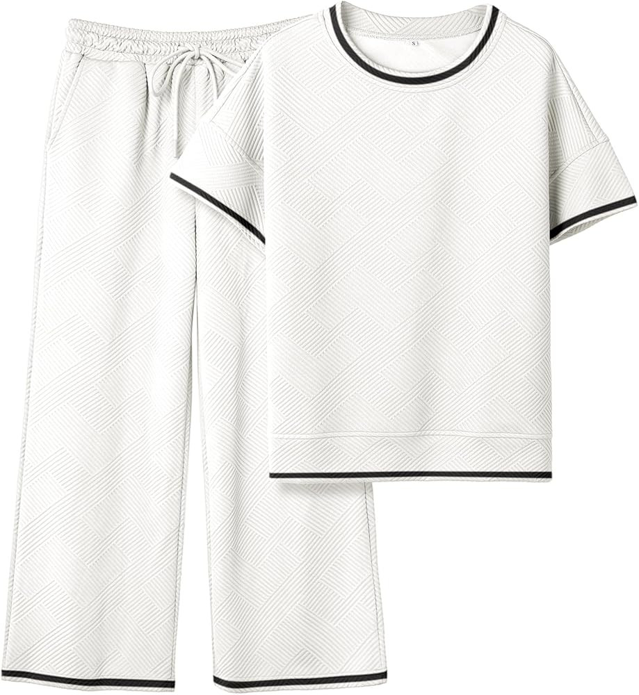 Women's 2 Piece Outfits Textured Sweatsuit 3/4 Batwing Sleeve Crew Neck Pullover Top Wide Leg Pan... | Amazon (US)