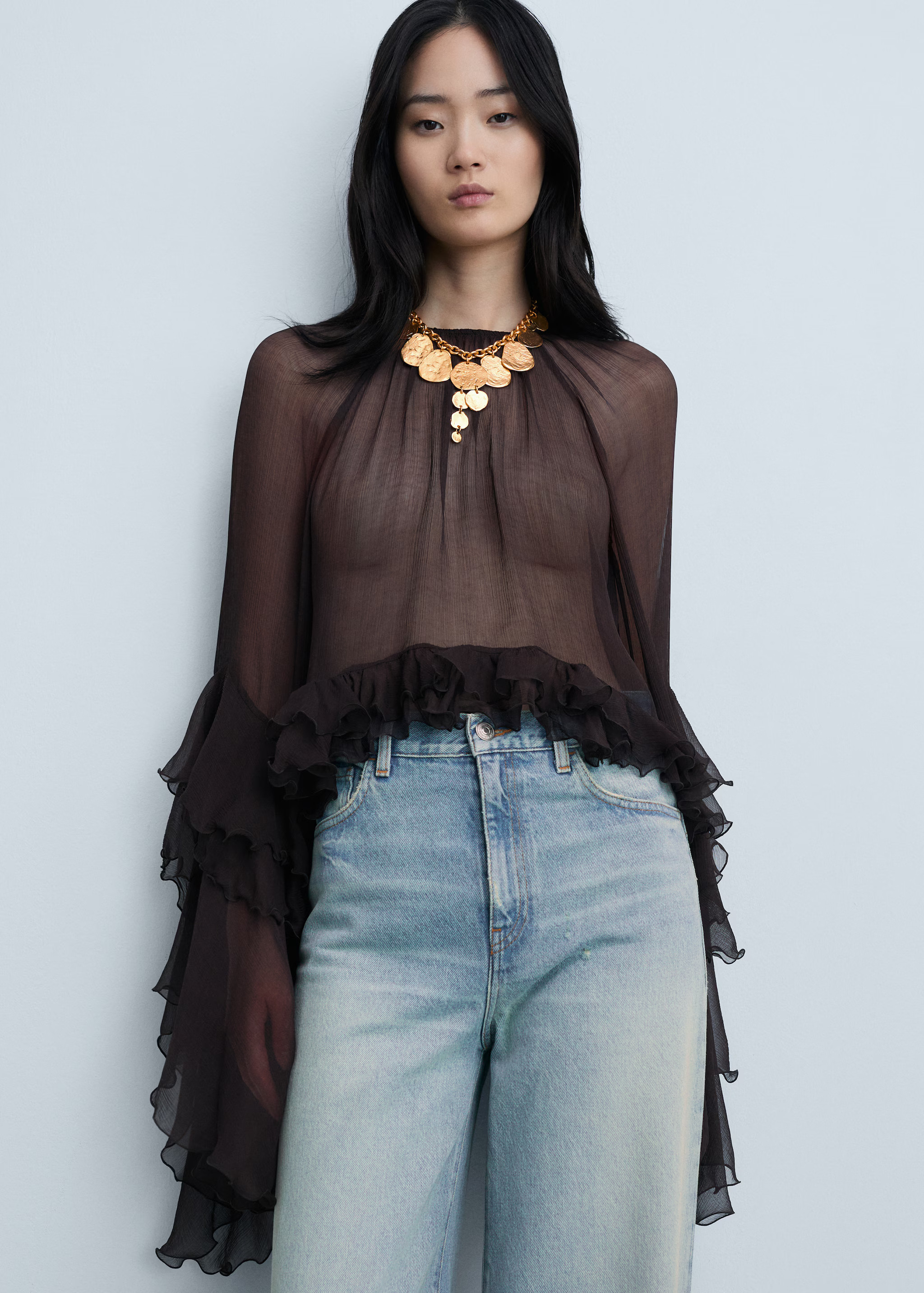Ruffled chiffon cropped blouse - Women | MANGO United Kingdom | MANGO (UK)
