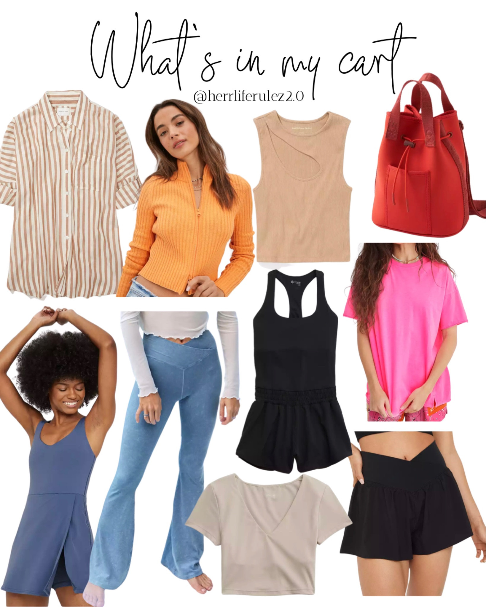 Aerie - activewear - stripper button down shirt - stripped button down top - orange sweater - orange top - cut out top - leggings - bell bottom leggings - rompers - romper - black shorts - crop v-neck top - oversized tshirt 