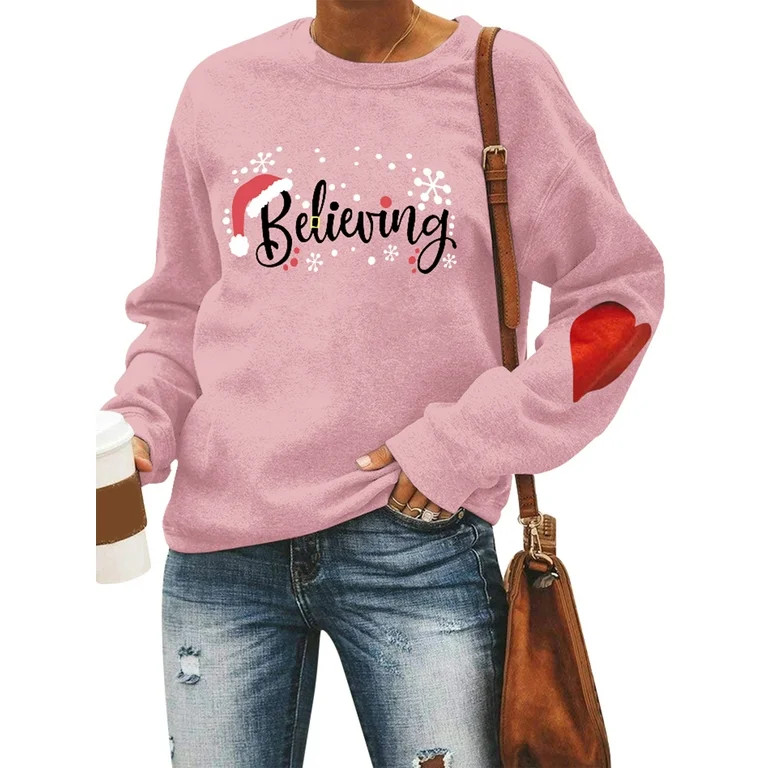 TWZH Women Believing Letter Pullover Heart Print Christmas Sweatshirt Tops - Walmart.com | Walmart (US)