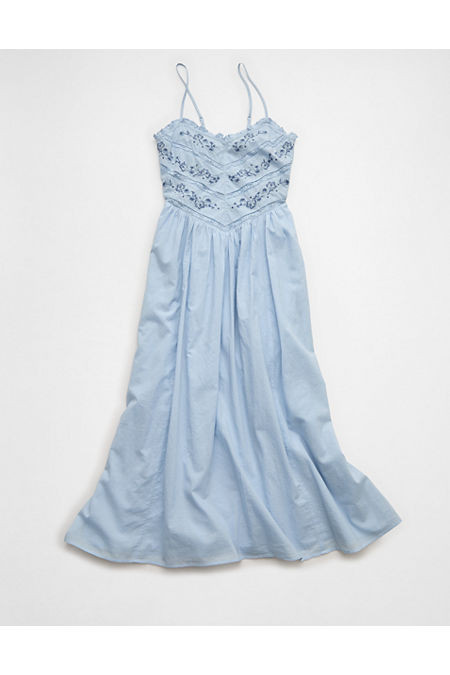 AE Bella Lace Inset Midi Dress Women's Light Blue XL | American Eagle Outfitters (US & CA)