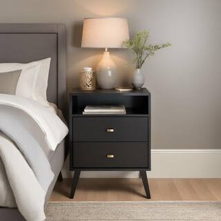 Prepac Milo Mid Century Modern 2-Drawer Black Tall Nightstand with Open Shelf BDNR-1401-1 - The H... | The Home Depot