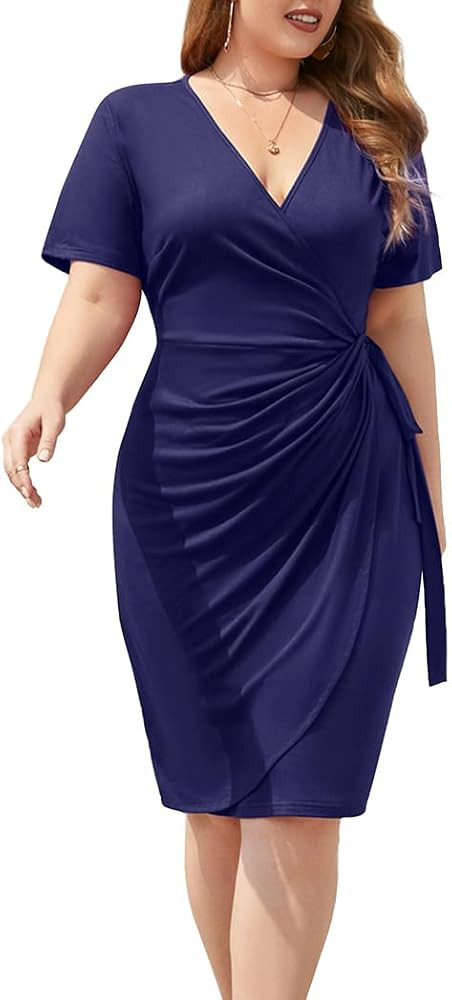 WINDMILL Women's Plus Size Wrap V Neck Dress for Curvy Women Ruched Tie Waist Short Sleeve Knee L... | Amazon (US)