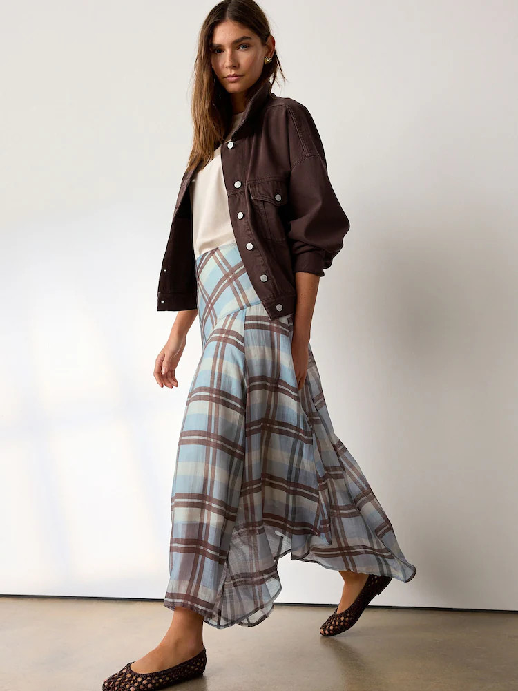 Blue/Brown Check Godet Asymetrical Maxi Skirt | Next AU
