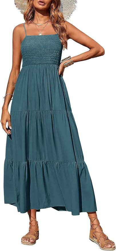 PRETTYGARDEN Womens Spaghetti Strap Smocked Tiered Long Beach Sun Dress | Amazon (US)