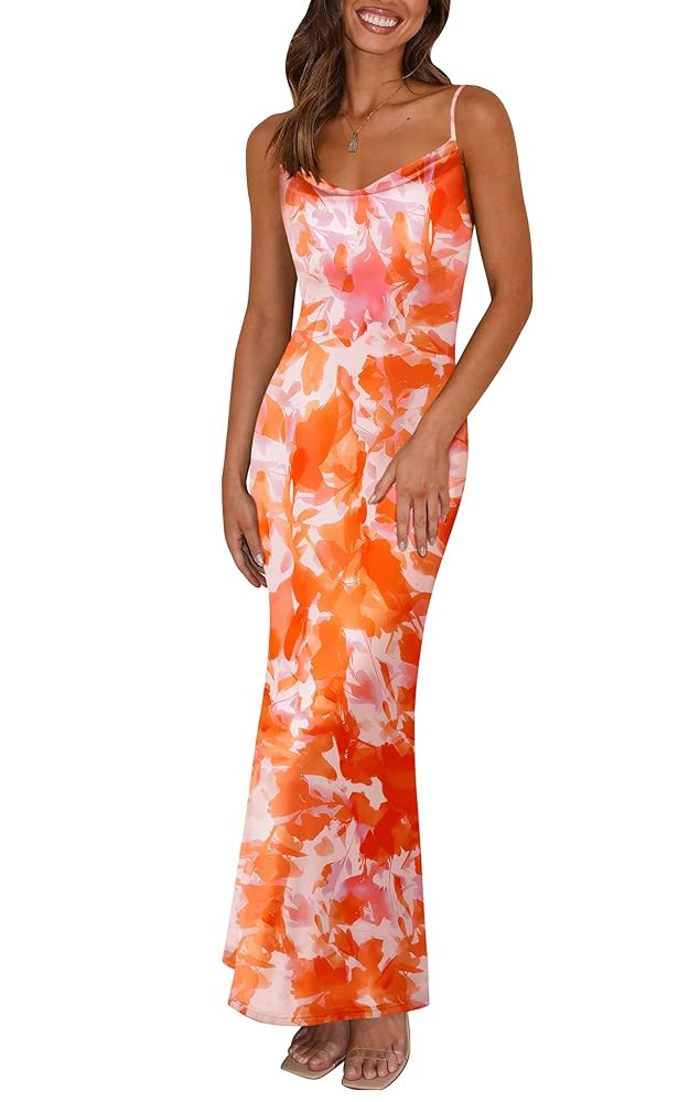 PRETTYGARDEN Women's 2025 Summer Floral Spaghetti Strap Maxi Dress Stretch Sexy Bodycon Dress Bac... | Amazon (US)