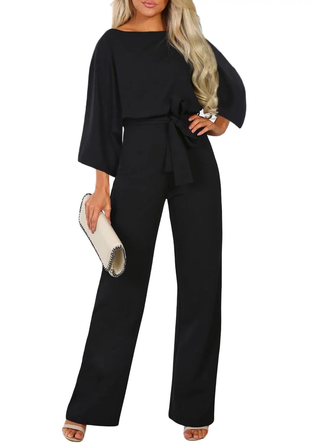 Alvaq Womens Elegant 3/4 Sleeve Romper Belted Wide Leg Pant Jumpsuits S-3XL - Walmart.com | Walmart (US)