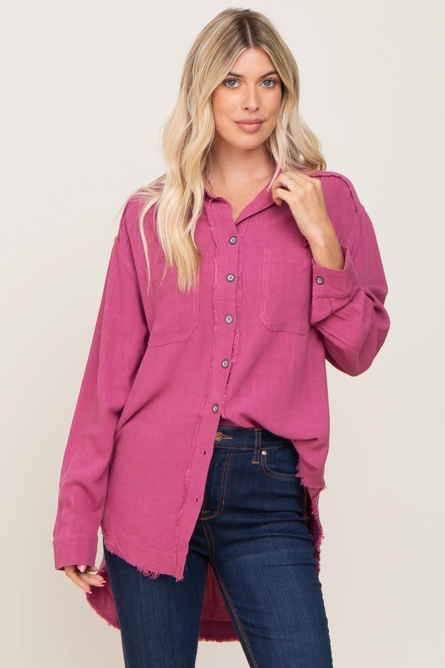 Magenta Linen Fringe Button Down Maternity Top | PinkBlush Maternity