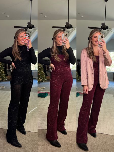The cutest sparkle jumpsuit love it, layered with the turtleneck, and it’s adorable with the satin blazer over top too. Turtleneck jumpsuit and blazer. True size  - size M 

#LTKHoliday #LTKparties #LTKSeasonal