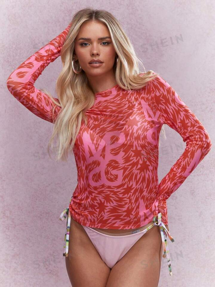 MISSGUIDED Printed Sheer Mesh Long Sleeve Top | SHEIN USA | SHEIN