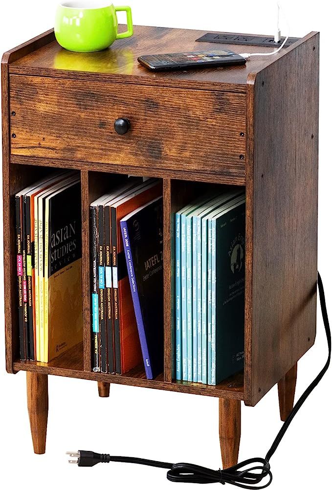 Nightstand with Charging Station and USB Ports,Brown Record Player Stand,Night Stand 3 Cube Stora... | Amazon (US)