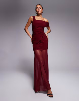 Kaiia exclusive double layered slinky asymmetric one shoulder sheer hem maxi dress in burgundy | ASOS (Global)