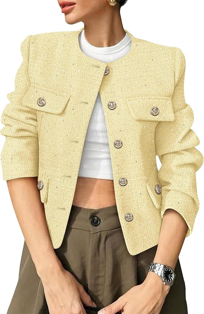 Women's Tweed Blazers Trendy Fall Casual Collarless Button Down Sequin Tops Cropped Jackets with ... | Amazon (US)