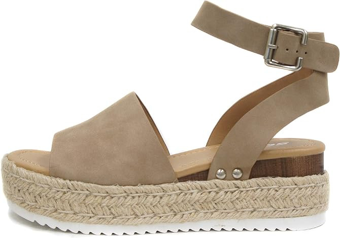 Soda Topic Open Toe Buckle Ankle Strap Espadrilles Flatform Wedge Casual Sandal | Amazon (US)