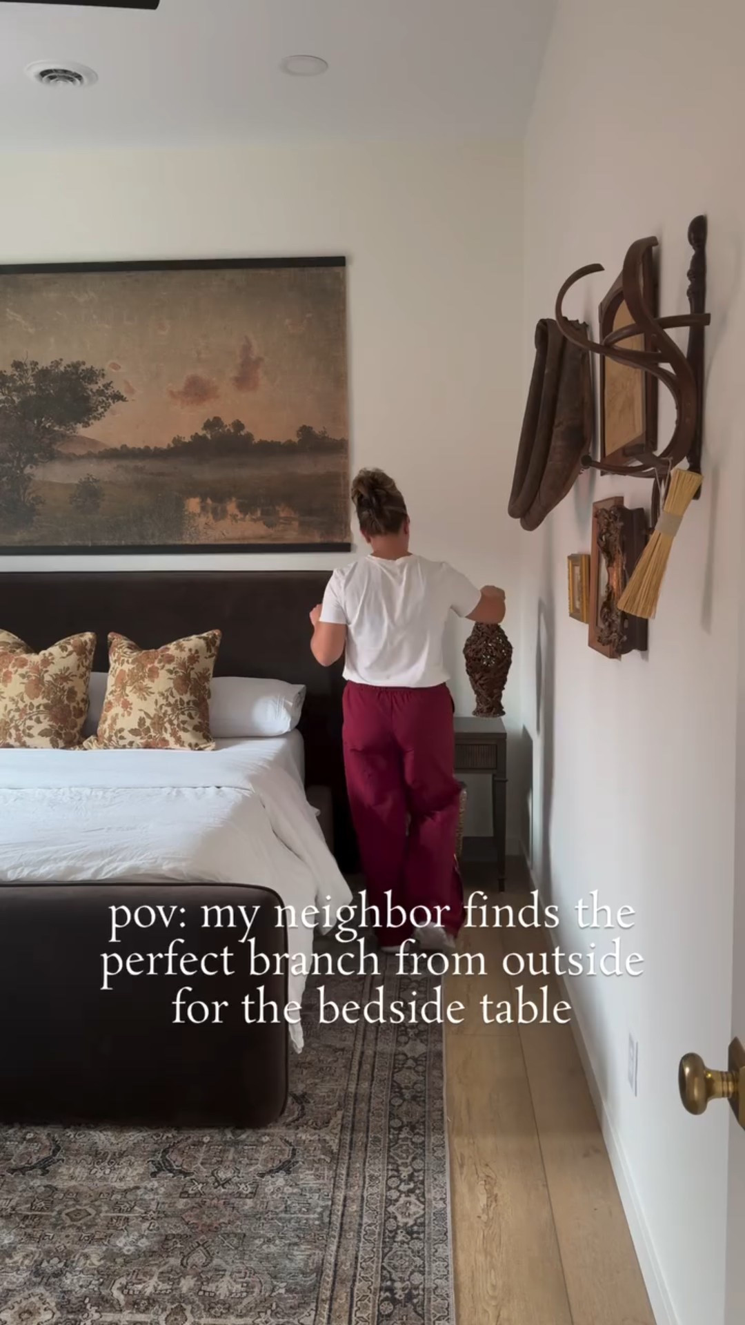 With the ceilings being so tall in the barn, I knew I needed some large florals or stems to fill the space on this bedside table! Last fall I used this large branch in our dining room and thought I’d see how it looks out in the barn, and I love it! I think the branch itself is so neat with its bends and curves, and I love how it directs your eye toward the wall hanging. Are any of you lucky enough to find pretty stems and florals in your own yard?! 

bedroom decor | guest bedroom | outside decor | bedside table styling | thrift #earthydecor #cozyhomedecor #modernfarmhouse #barndominium #iowa #rural