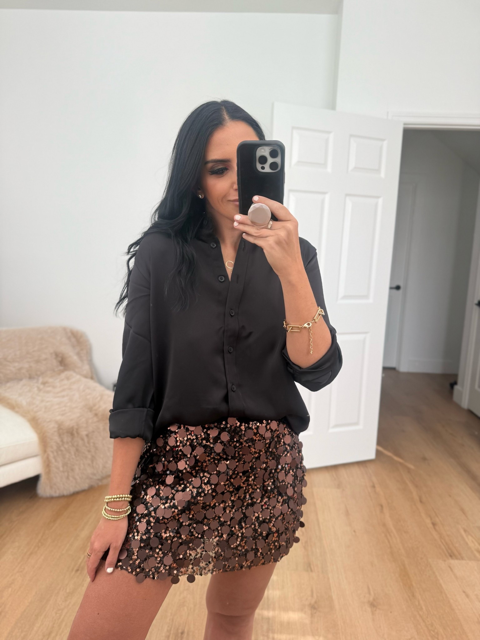 Spanx Black Friday Sale! Now 30% off Spanx Poplin Tuxedo Button-Up Shirt, wearing size medium. Zara squins mini skirt. 