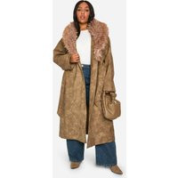 Womens Plus Faux Fur Collar Vintage Look Faux Leather Trench Coat - Brown - 12 | boohoo (US & Canada)