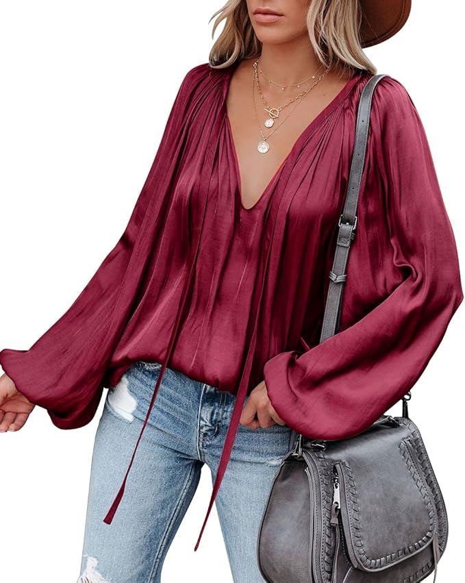 LAMISSCHE Womens Sexy Deep V Neck Blouse Lantern Long Sleeve Chiffon Shirt Oversized Drawstring S... | Amazon (US)