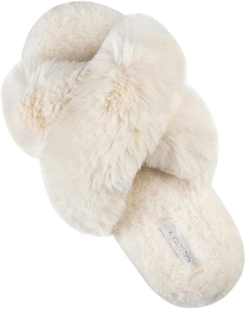 Women's Cross Band Soft Plush Fleece House Indoor or Outdoor Slippers | Amazon (US)