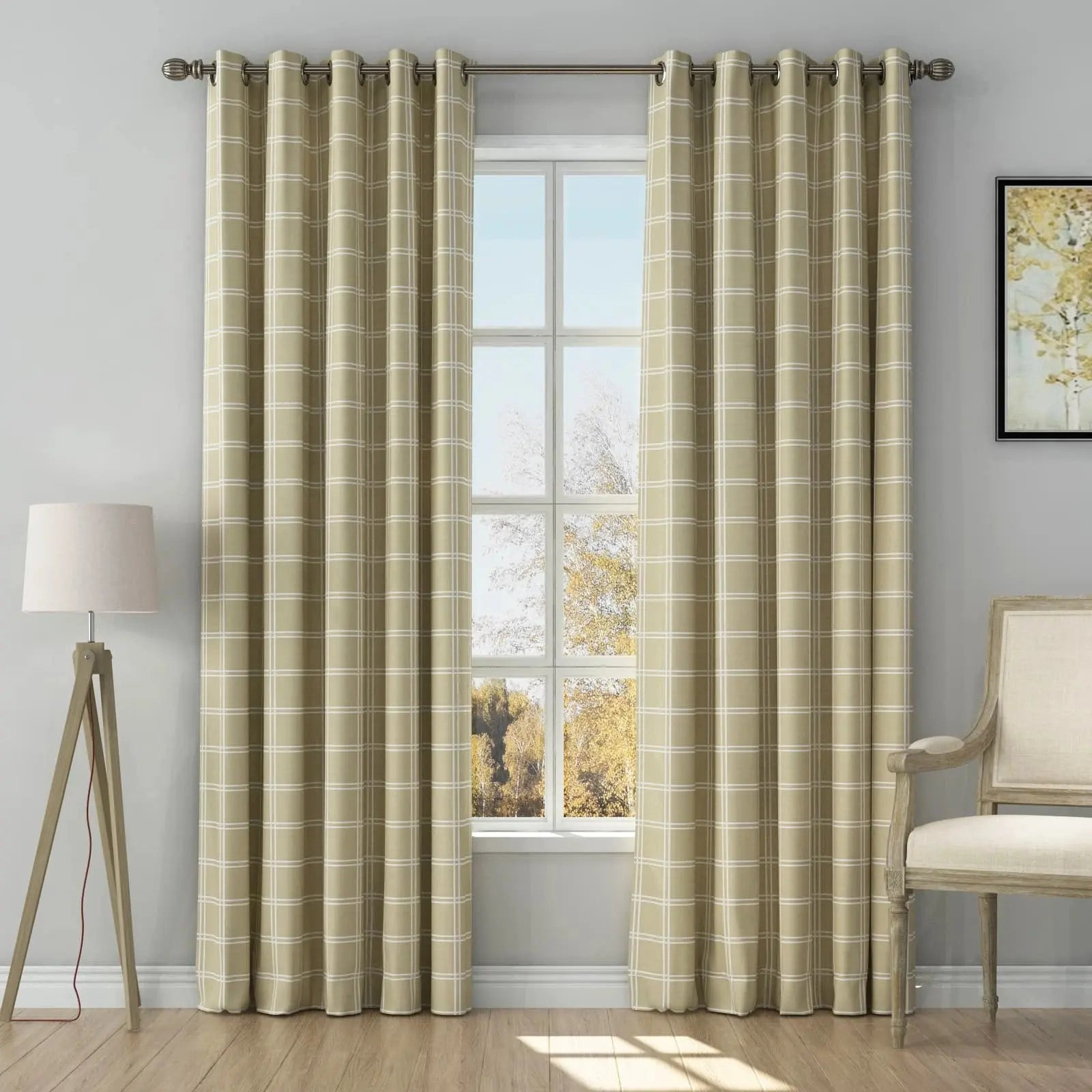 Stefana Silber Print Linen Curtain Drapery Grommet - Double Windowpane khaki white DW40 | TWOPAGES