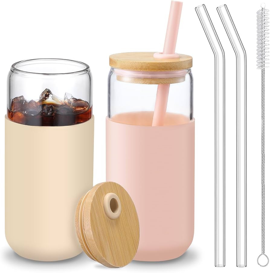 VITEVER 20 OZ Glass Cups with Bamboo Lids and Straws - Beer Can Shaped Drinking Glasses with Sili... | Amazon (US)