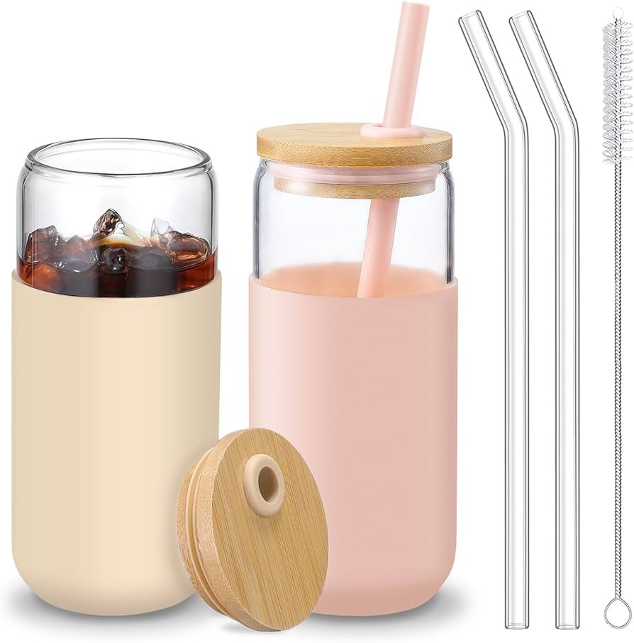 VITEVER 20 OZ Glass Cups with Bamboo Lids and Straws - Beer Can Shaped Drinking Glasses with Sili... | Amazon (US)