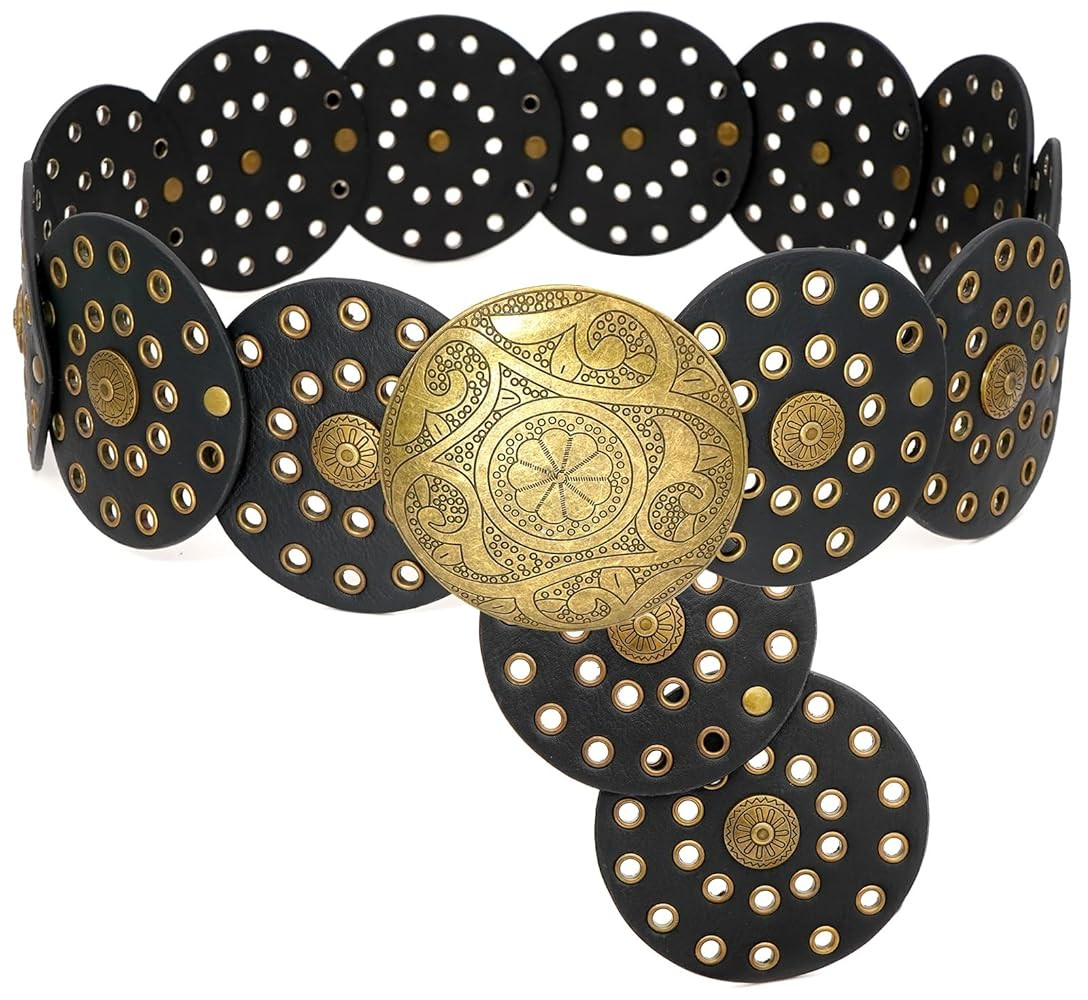 Wide Disc Belt for Women Boho Disk Concho Leather Belts Western Waist Belts for Dress | Amazon (US)