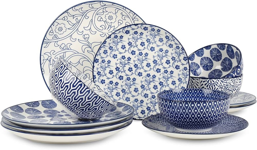 Selamica Ceramic 12-Pieces Dinnerware Sets, Ceramic Dish Plates and Bowls Sets, Service for 4, Di... | Amazon (US)
