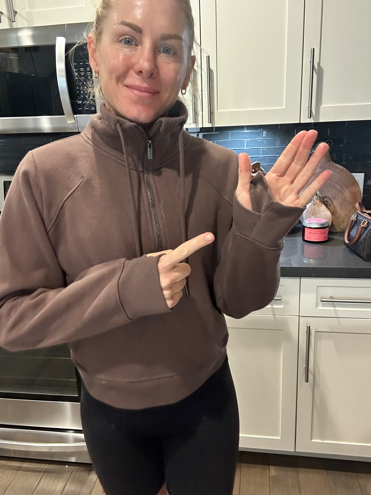 Lululemon DUPE. One of my favorite Target sweaters. It’s cozy and has thumb holes. I have it in brown and red. 