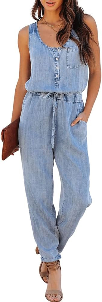 Denim Jumpsuit Overalls for Women Sleeveless Tank Scoop Neck Elastic Waist Rompers | Amazon (US)