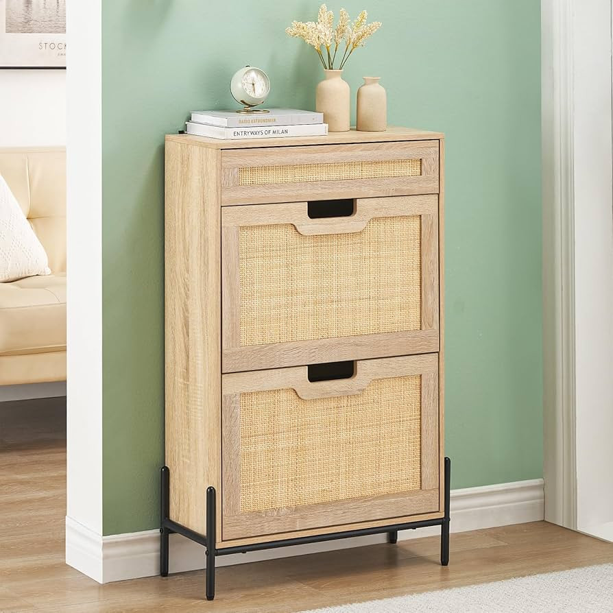 2 Flip Drawers Shoe Storage Cabinet with 1 Drawer, Rattan Shoe Organizer with Metal Legs, Freesta... | Amazon (US)