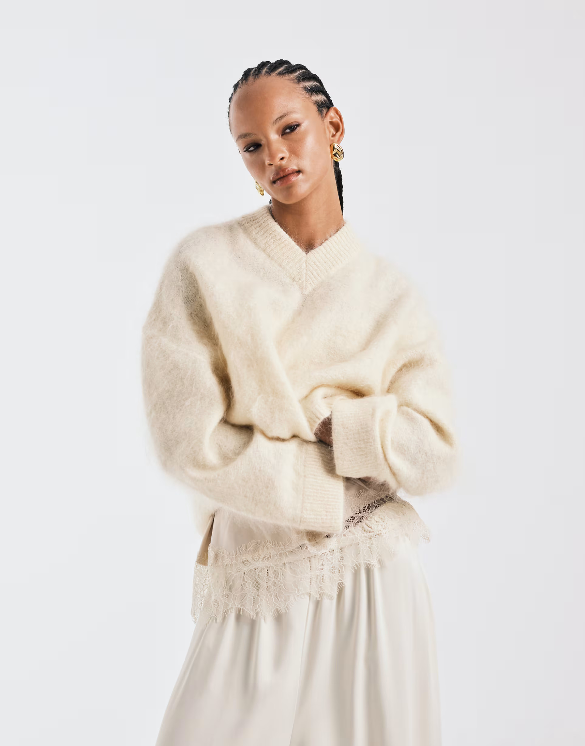 ASOS DESIGN premium mohair wide sleeve jumper with v neck in buttermilk - YELLOW | ASOS | ASOS (Global)