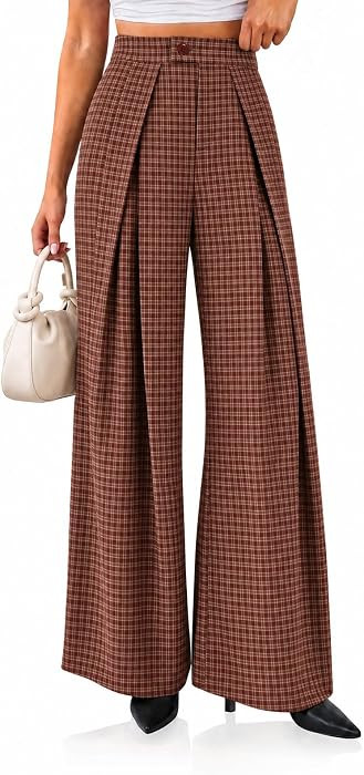 Cicy Bell Womens Wide Leg Gingham Pants Pleated High Waist Palazzo Pants | Amazon (US)