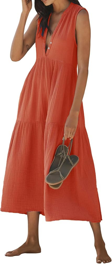 R.Vivimos 2026 Summer Cotton Maxi Dresses for Women Casual Sleeveless Button V Neck Tiered Loose ... | Amazon (US)