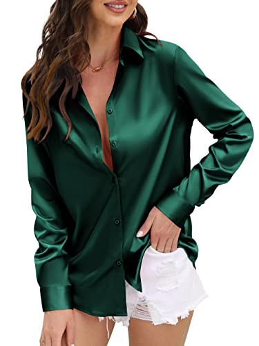 green button up shirt women silk satin buttons down womens long sleeve aesthetic dark dress shirts fitted work v neck tops sexy blouses button-up blouse dressy business casual summer Dark Green Size M | Amazon (US)