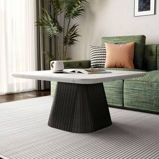 Jones 36 in. Black Square Faux Marble Top Coffee Table with Soft Curved Edges and Reeded Drum Base | The Home Depot