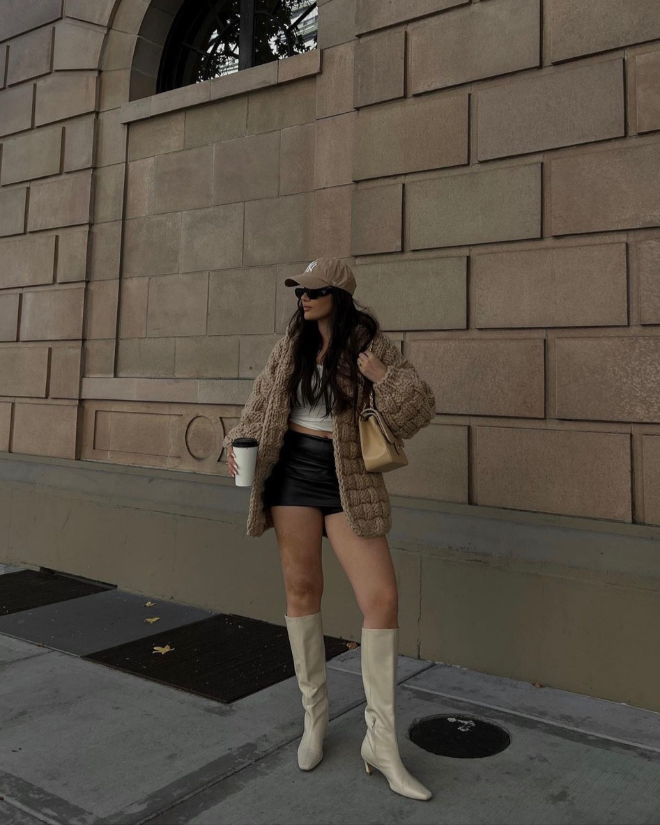 Neutral outfit, fall outfit, outfit inspo, cream boots, cardigan, sweater, black mini skirt

#LTKstyletip #LTKshoecrush #LTKSeasonal