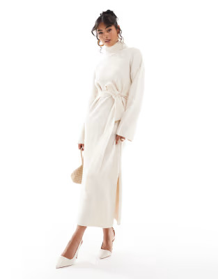 Pretty Lavish tie waist knitted midaxi dress in cream | ASOS (Global)
