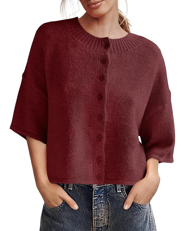 Saodimallsu Womens 3/4 Sleeve Cardigan Sweater Button Down Cropped Crewneck Cardigan 2025 Fall Ca... | Amazon (US)