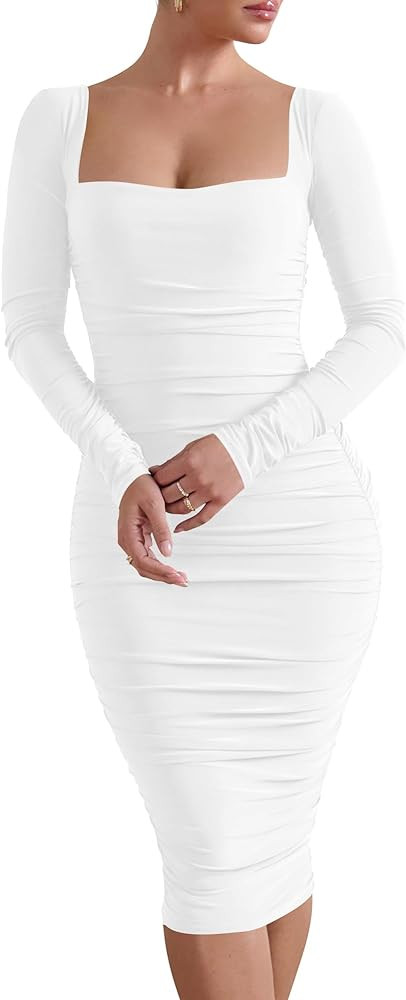 HOCILLE Women's Sexy Long Sleeve Bodycon Square Neck Ruched Cocktail Party Midi Dresses | Amazon (US)