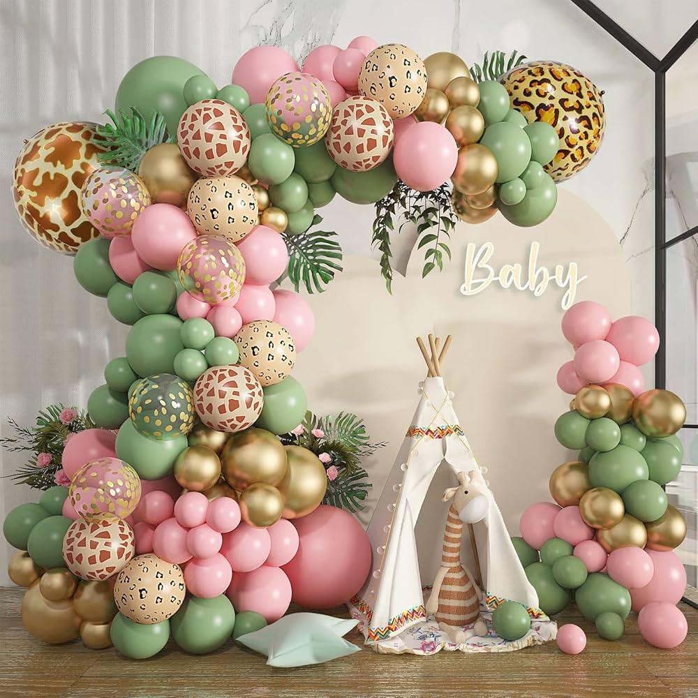 Amandir 170Pcs Jungle Safari Balloons Garland Arch Kit Animal Printed Pink Sage Green Balloons Wi... | Amazon (US)