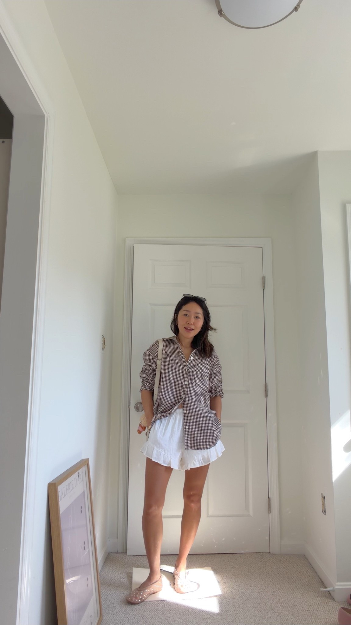 Shirt - size small 
Shorts - XS 
Shoes - runs true to size. These are so comfy!