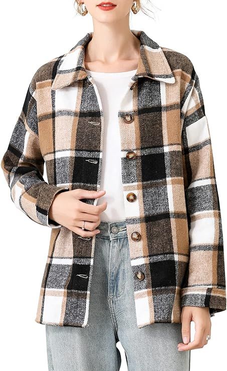 Liengoron Womens Shacket Jacket Plaid Shirt Jacket Wool Blend Button Down Casual Jacket Shackets ... | Amazon (US)
