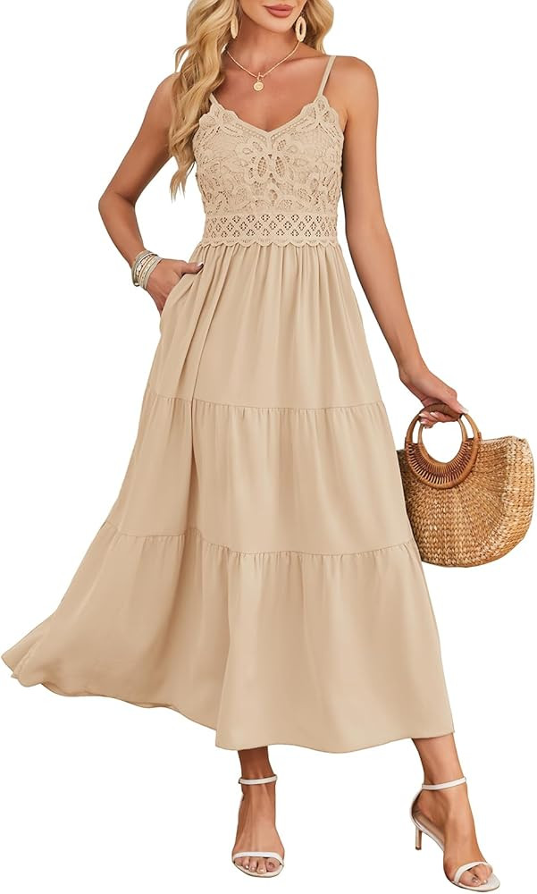 Dokuritu Women's Beach Crochet Lace Maxi Dress Solid Color Summer Vacation Spaghetti Strap Long D... | Amazon (US)