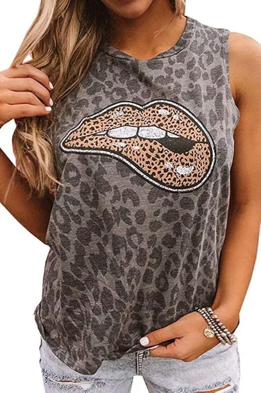 Dressmine Women's Sleeveless Graphic Lip Print Distressed T Shirt Summer Casual Tank Tops | Amazon (US)