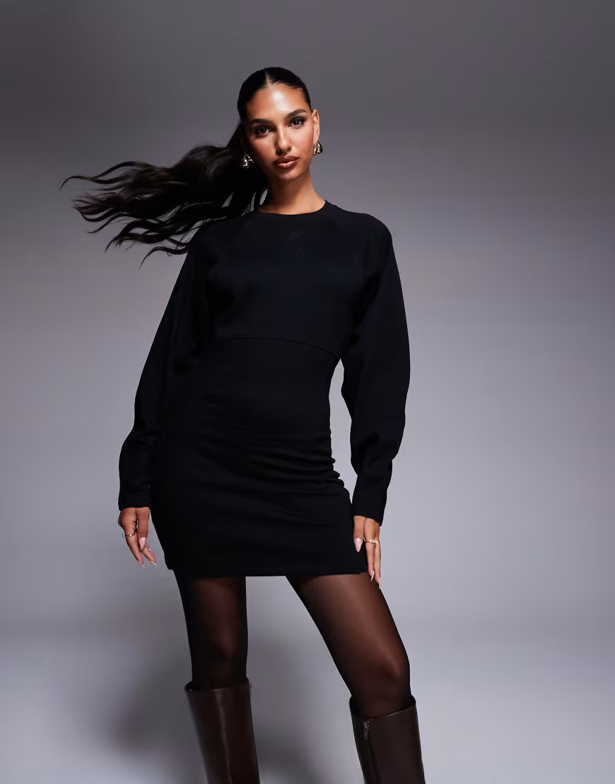 ASOS DESIGN cocoon sleeve seam detail mini sweat dress in black | ASOS (Global)