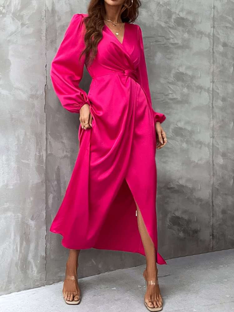Lantern Sleeve Twist Front Wrap Hem Dress | SHEIN