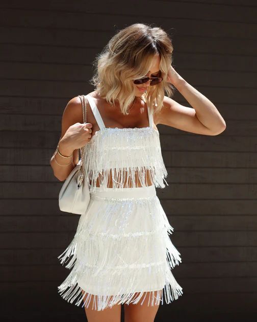 Fancy Rodeo Sequin Fringe Mini Skirt - Silver/White | VICI Collection